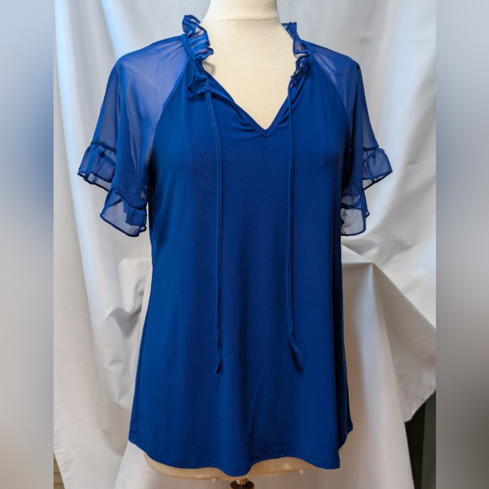 Sale Price Royal Blue Sheer Sleeve Pop Up Colar Women's blouse top. Zero 2 Eight - Picture 16 of 16